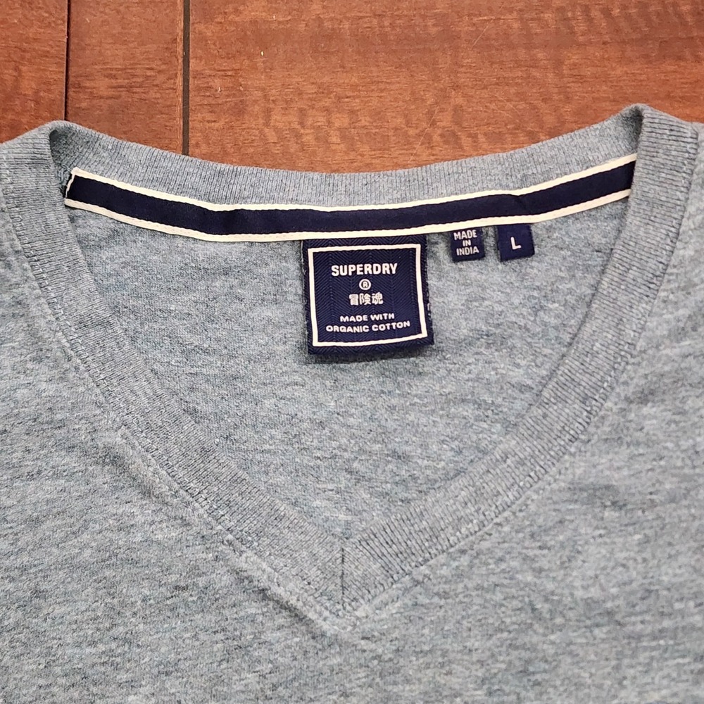 Superdry Shirt Mens Large L Blue V-Neck Organic Cotton Embroidered Script Logo - Picture 3 of 10